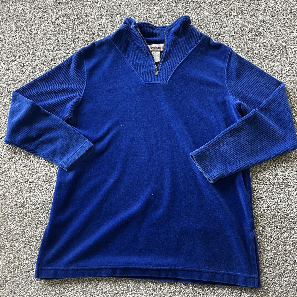 Bechamel Shirt Womens M Blue Velour Mock Neck Long Sleeve Half Zip Pullover Top